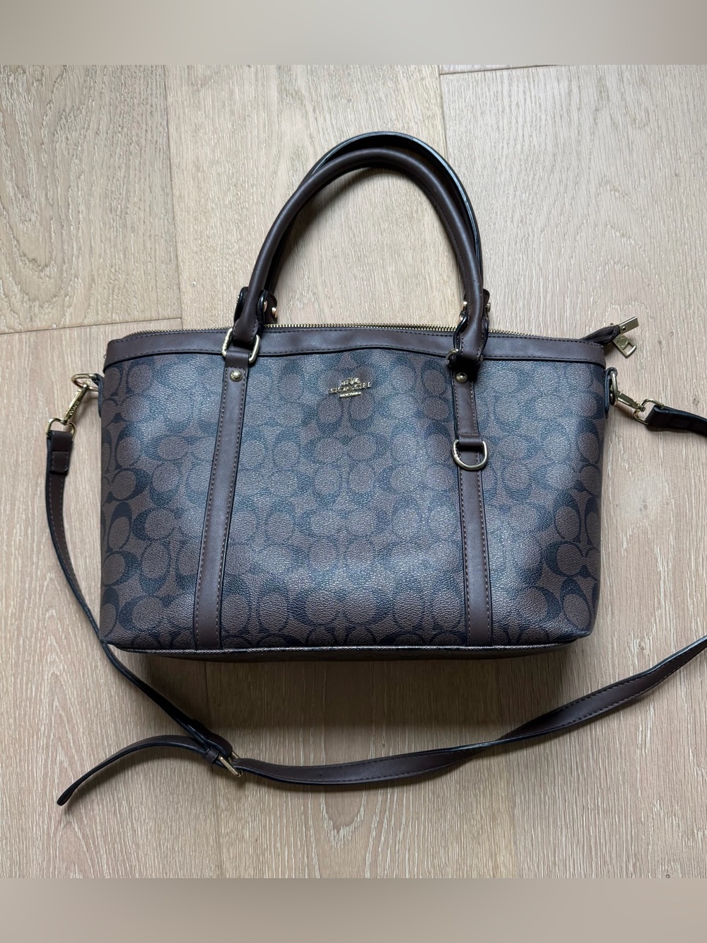 Coach Brown Signature Canvas Satchel with Dark Brown Leather Trim